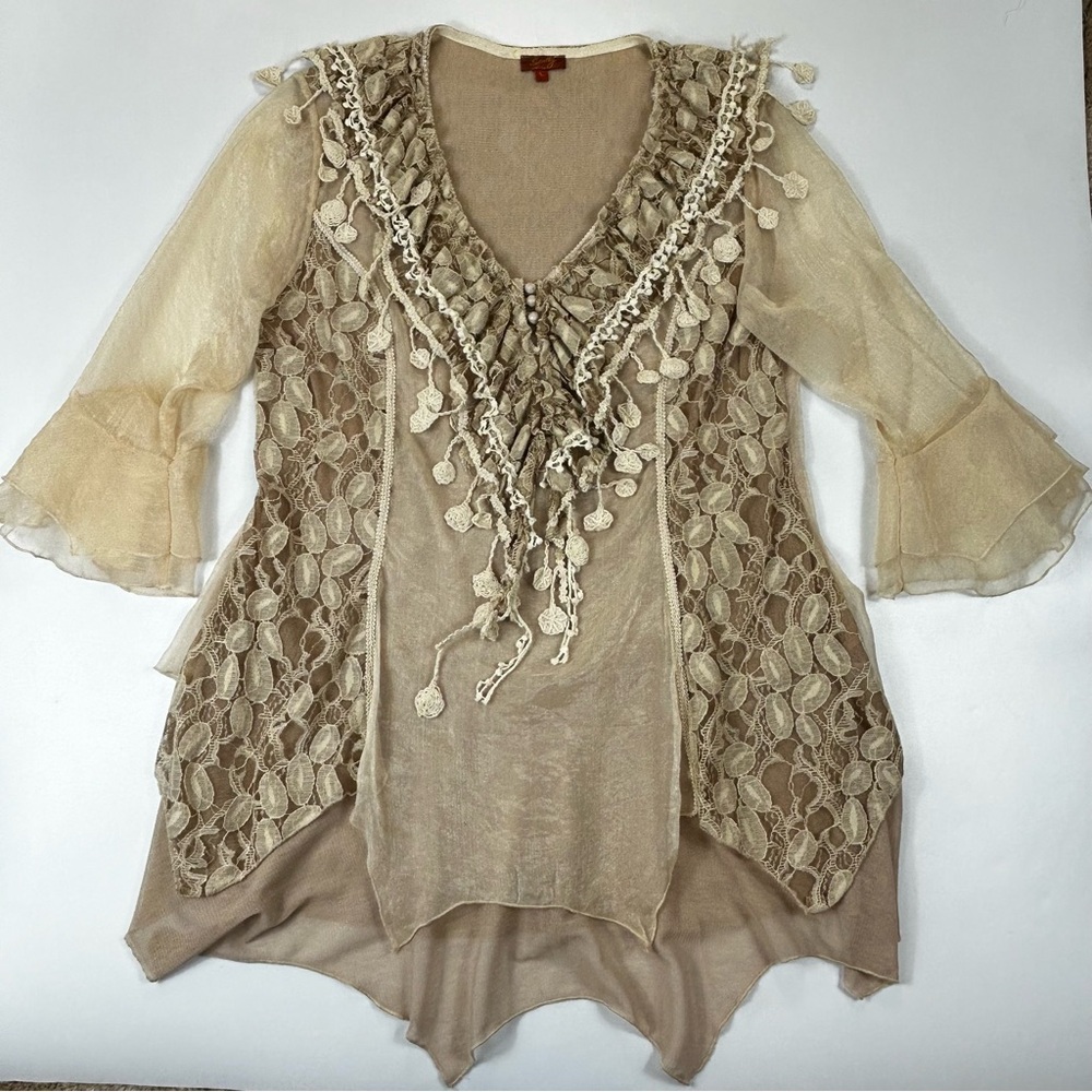 Scully Womens Large Silk Lace Whimsical Romantic Tunic Sheer Flutter Fairy Top